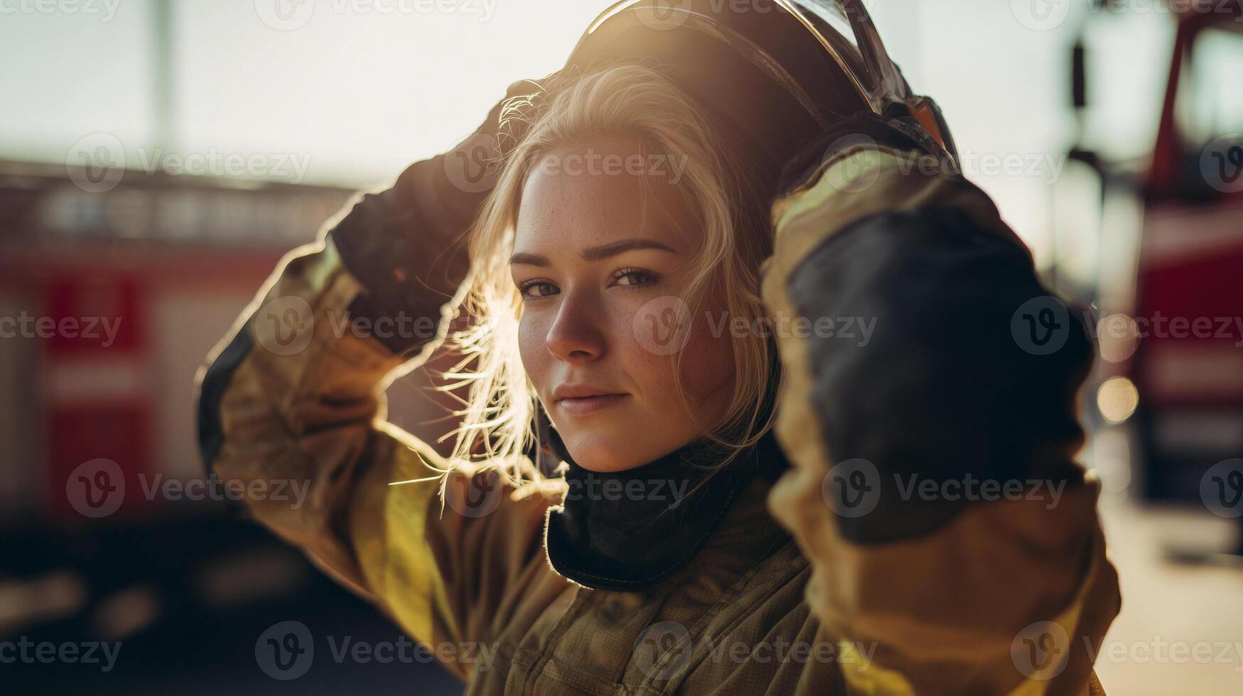 Confident female firefighter in uniform adjusting her helmet. Represents empowered women in non-traditional emergency services and feminine power. photo