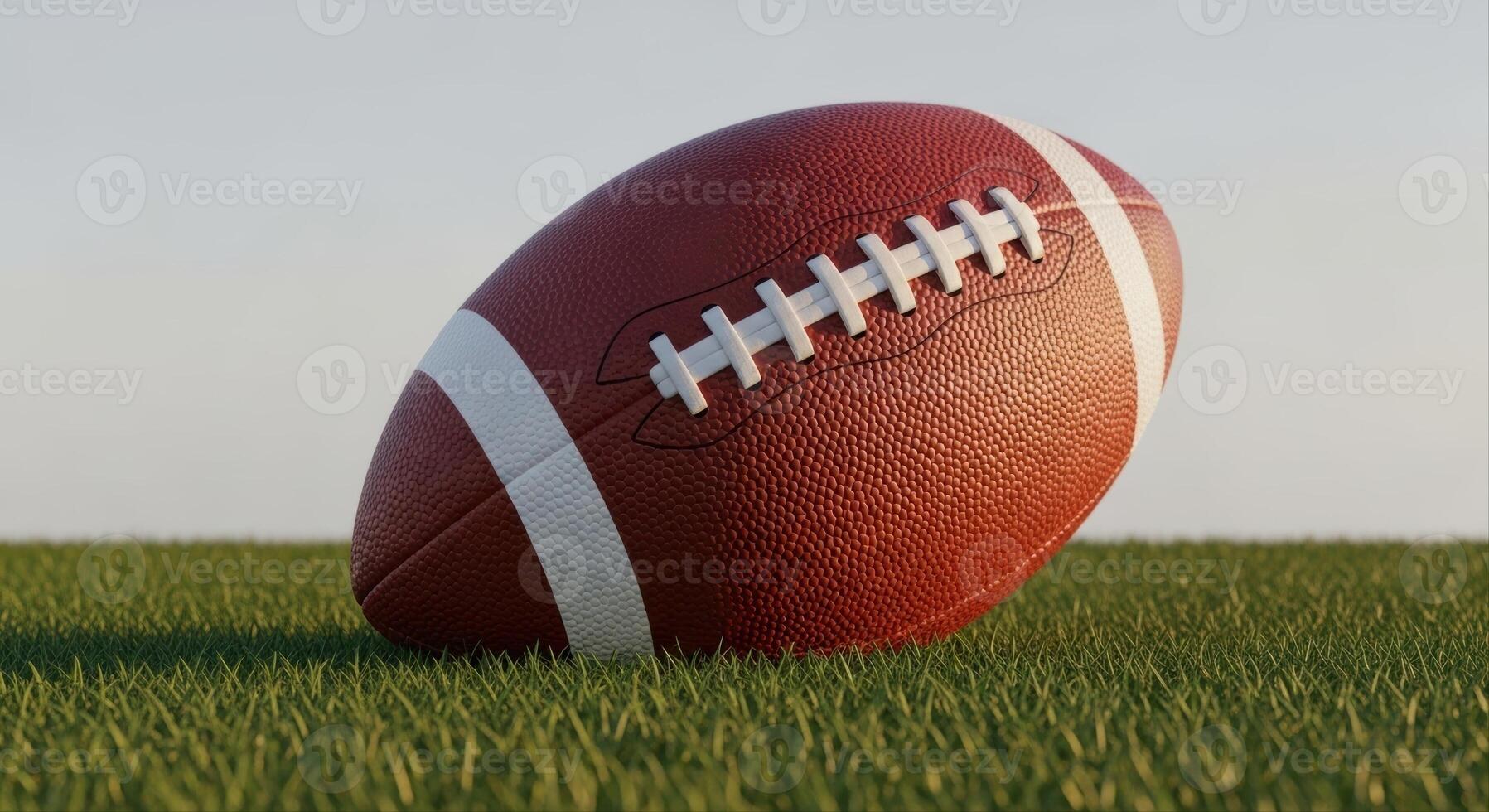 American football resting on green grass under a clear sky, ready for game day photo