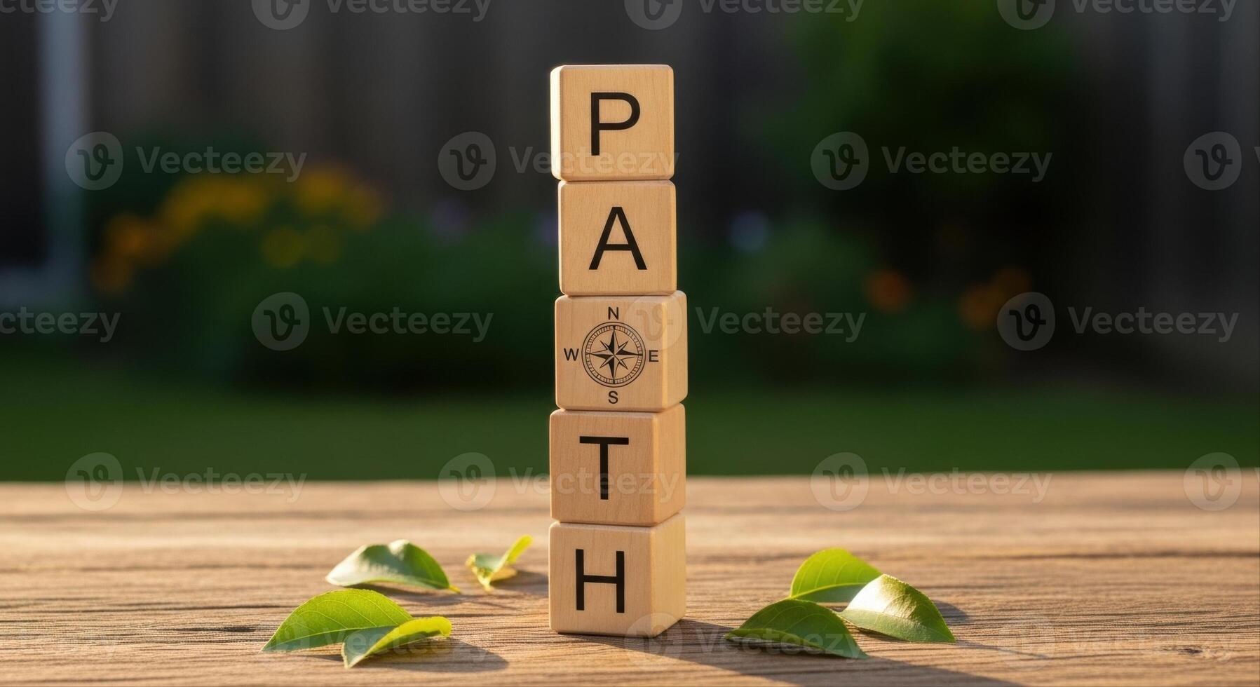 Wooden blocks spelling PATH with a compass symbol representing direction and guidance photo