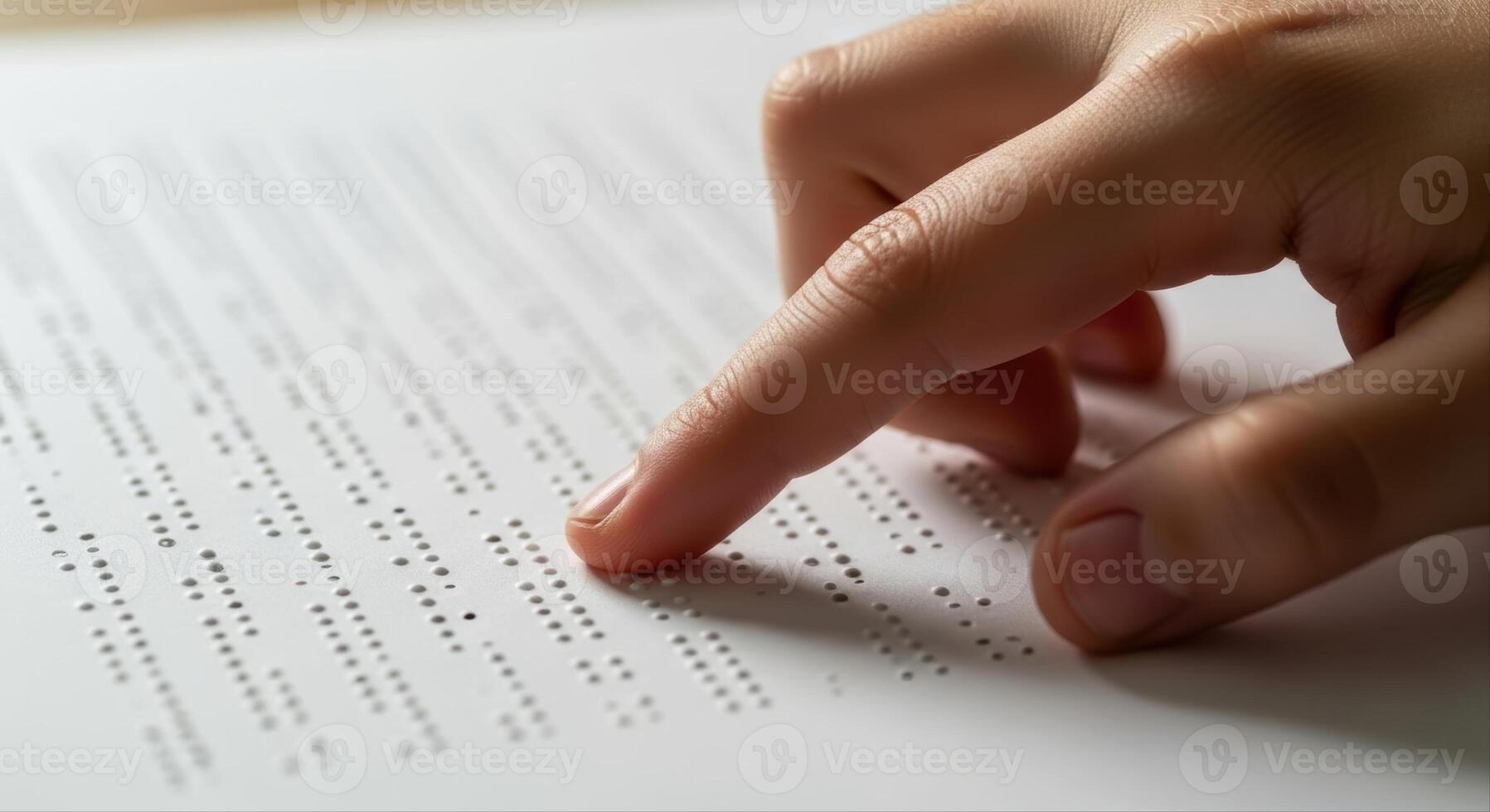 Child hand reading Braille text on a white page, emphasizing accessibility and tactile learning photo
