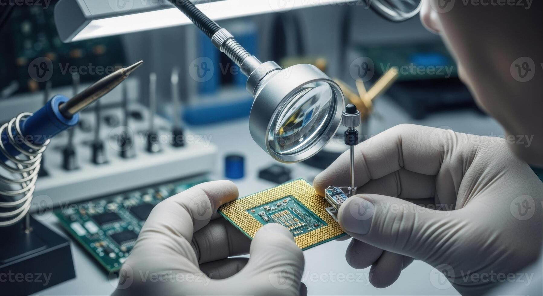 Technician working on computer processor with magnifying lamp in a high tech lab photo