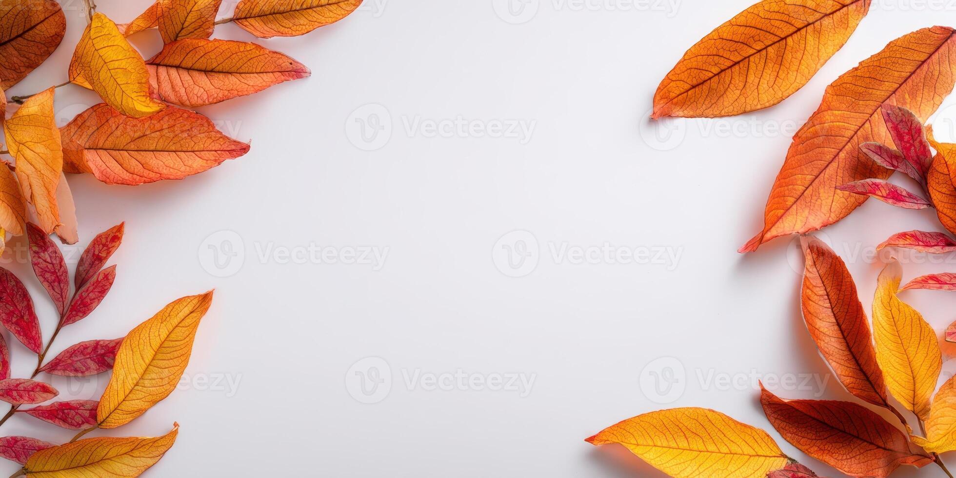 The vibrant autumn leaves creating a warm and colorful border on a white background. photo