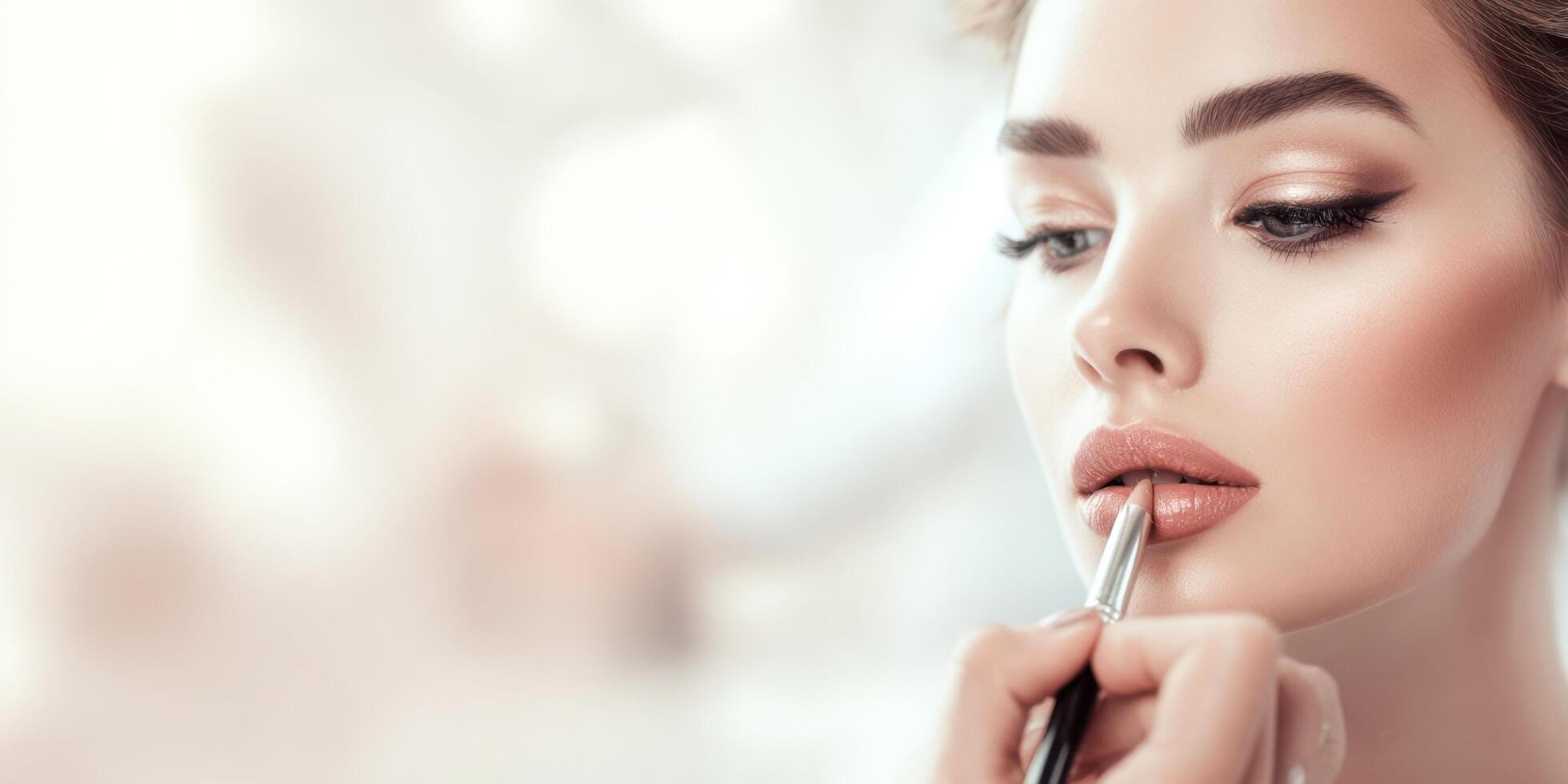 The graceful application of cosmetics on a model's lips for a flawless look. photo