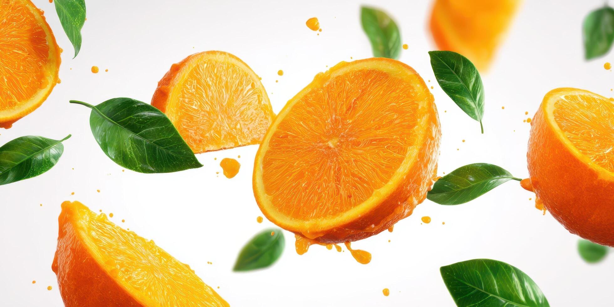 The vibrant oranges and fresh leaves create a dynamic and appetizing scene. photo