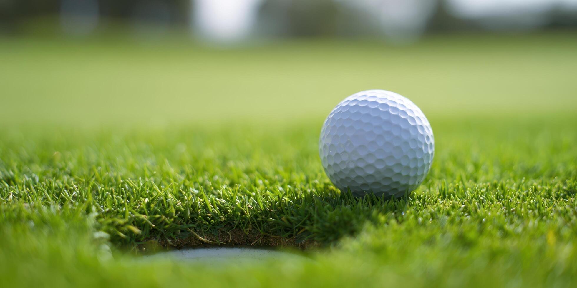 The golf ball poised near the hole on a lush green putting green. photo