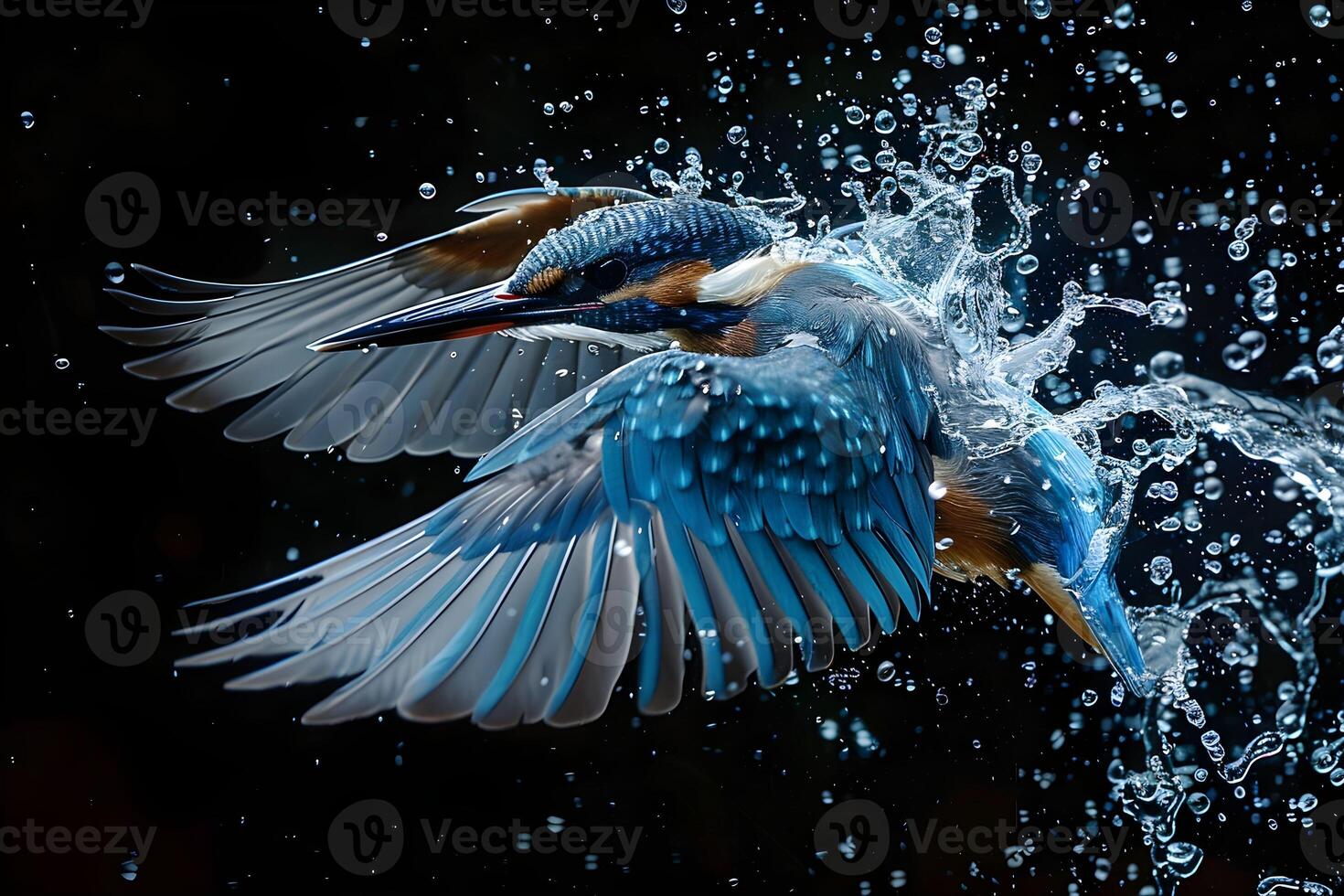 A vibrant kingfisher emerges from the water in a dynamic splash, set against the warm glow of a setting sun. photo