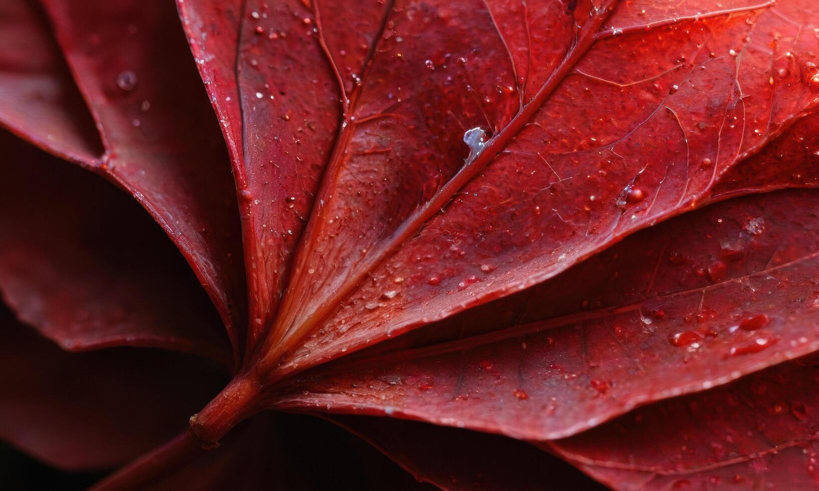 A close up of a red leaf with water droplets photo