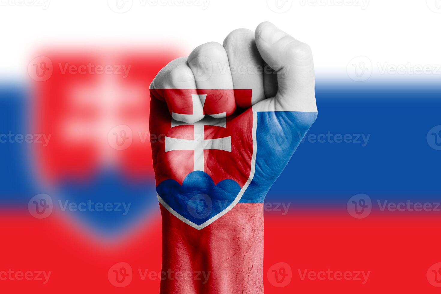 Man hand fist of SLOVAKIA flag painted. Close-up. photo