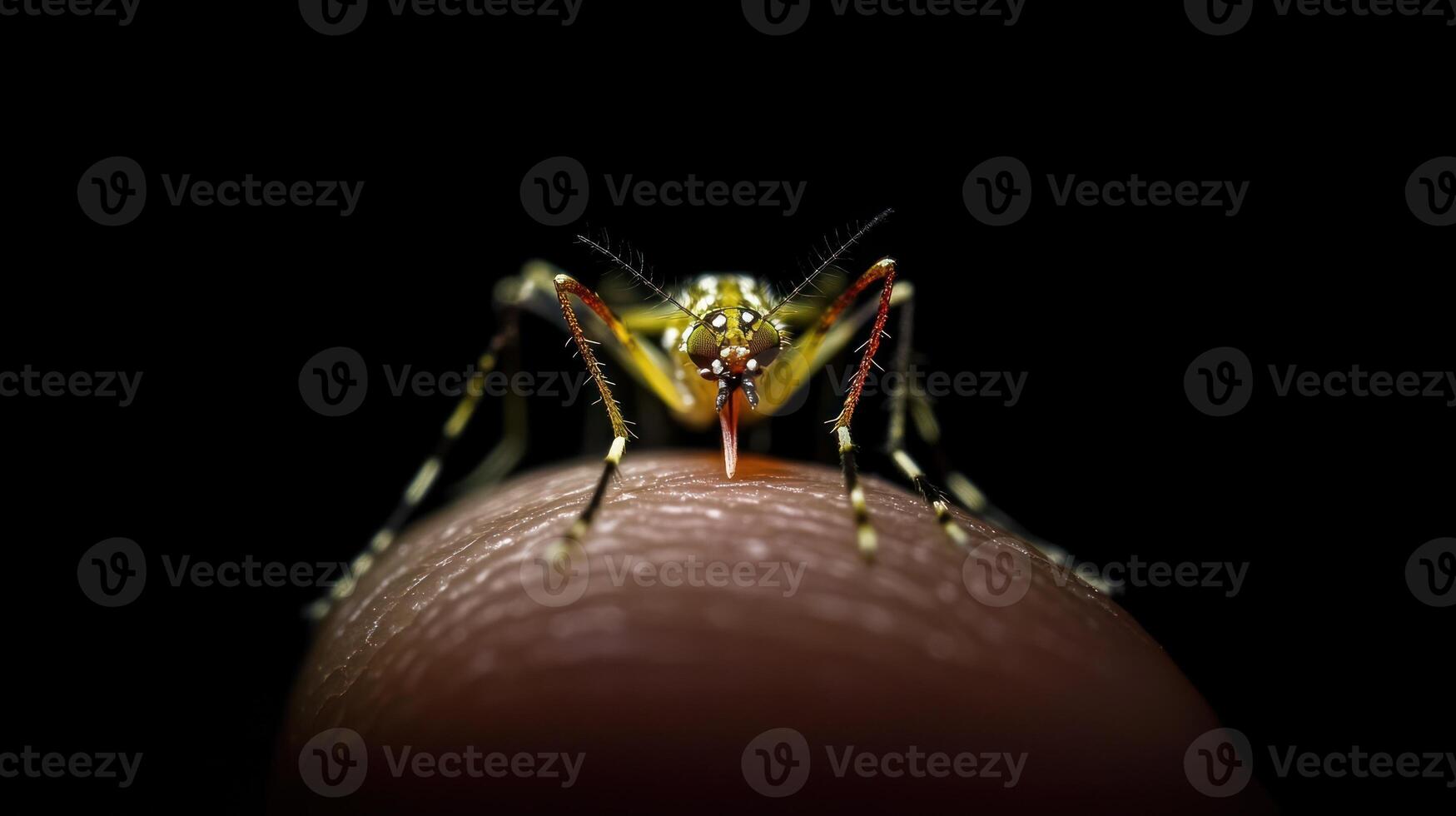 Close up photograph shows a mosquito biting a human finger photo