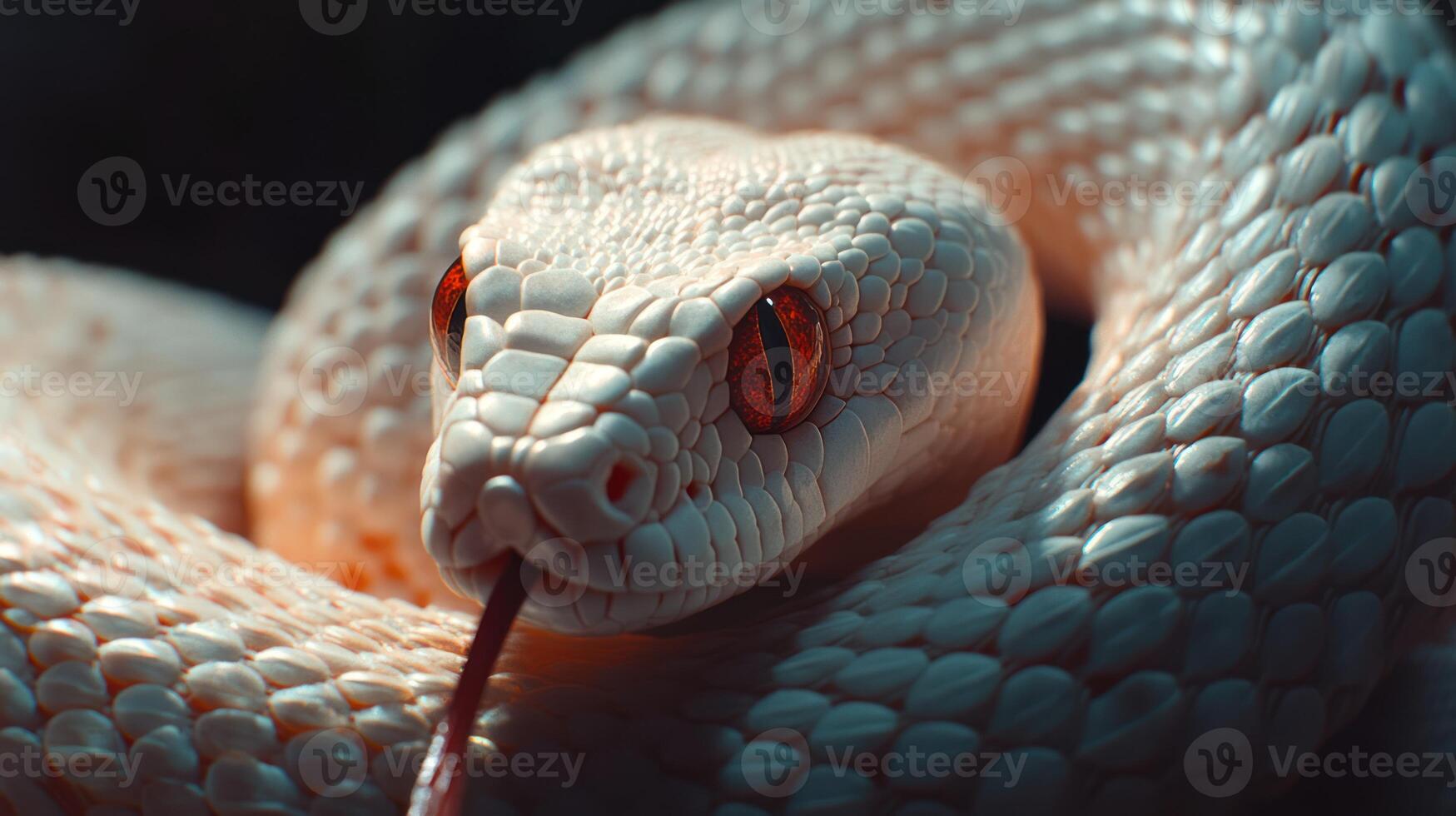 A close up view of a white snake with red eyes photo