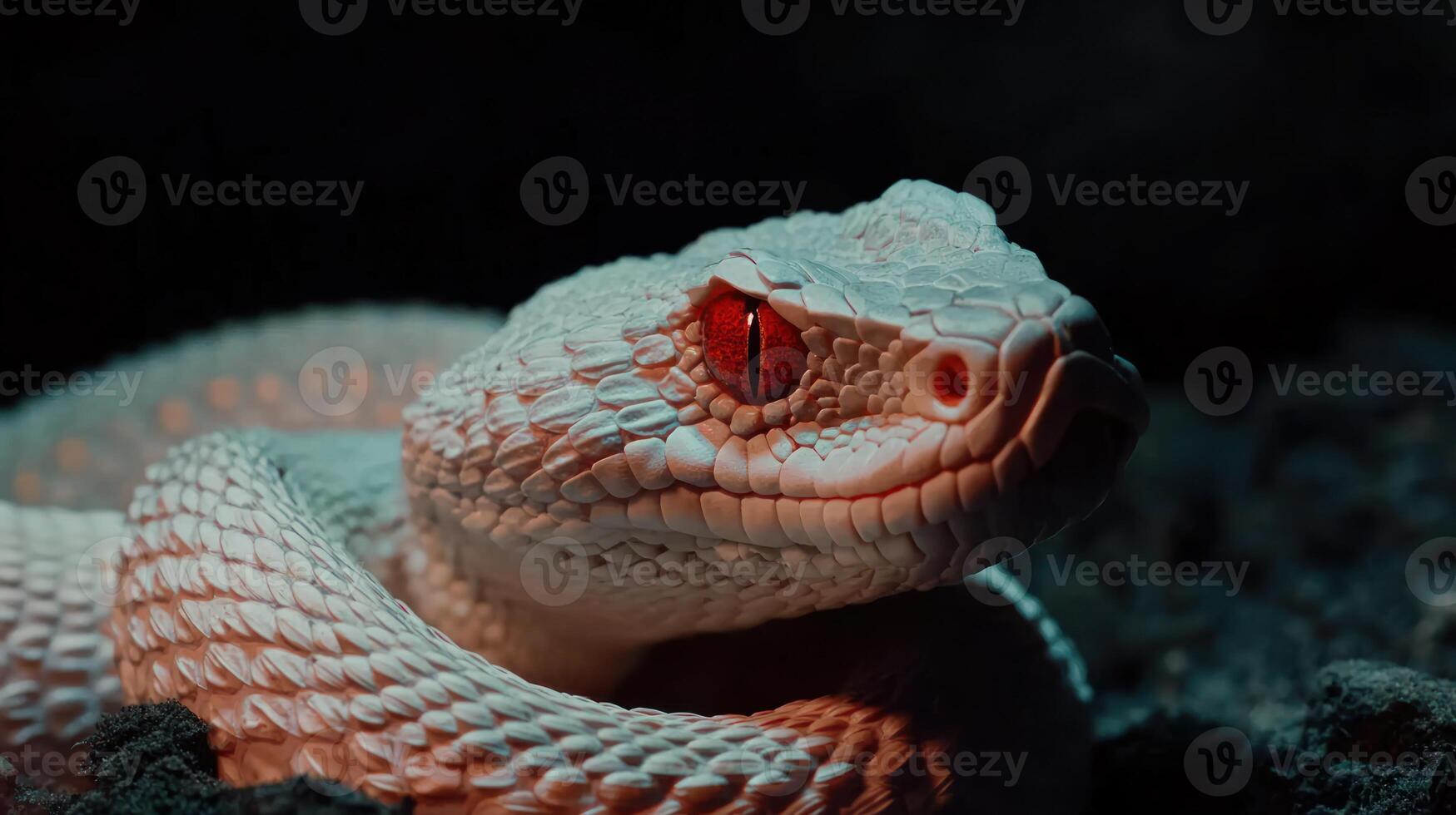A close up portrait of a white snake with red eyes photo