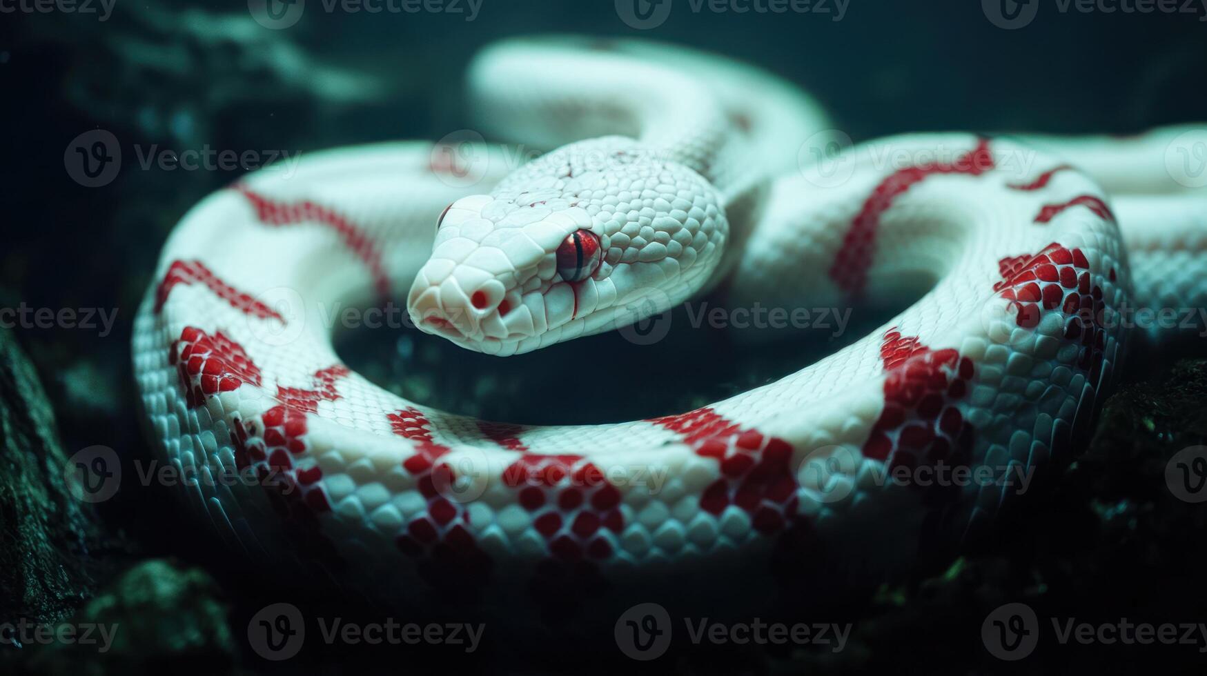 A vibrant white snake with red patterns is captured in detail photo