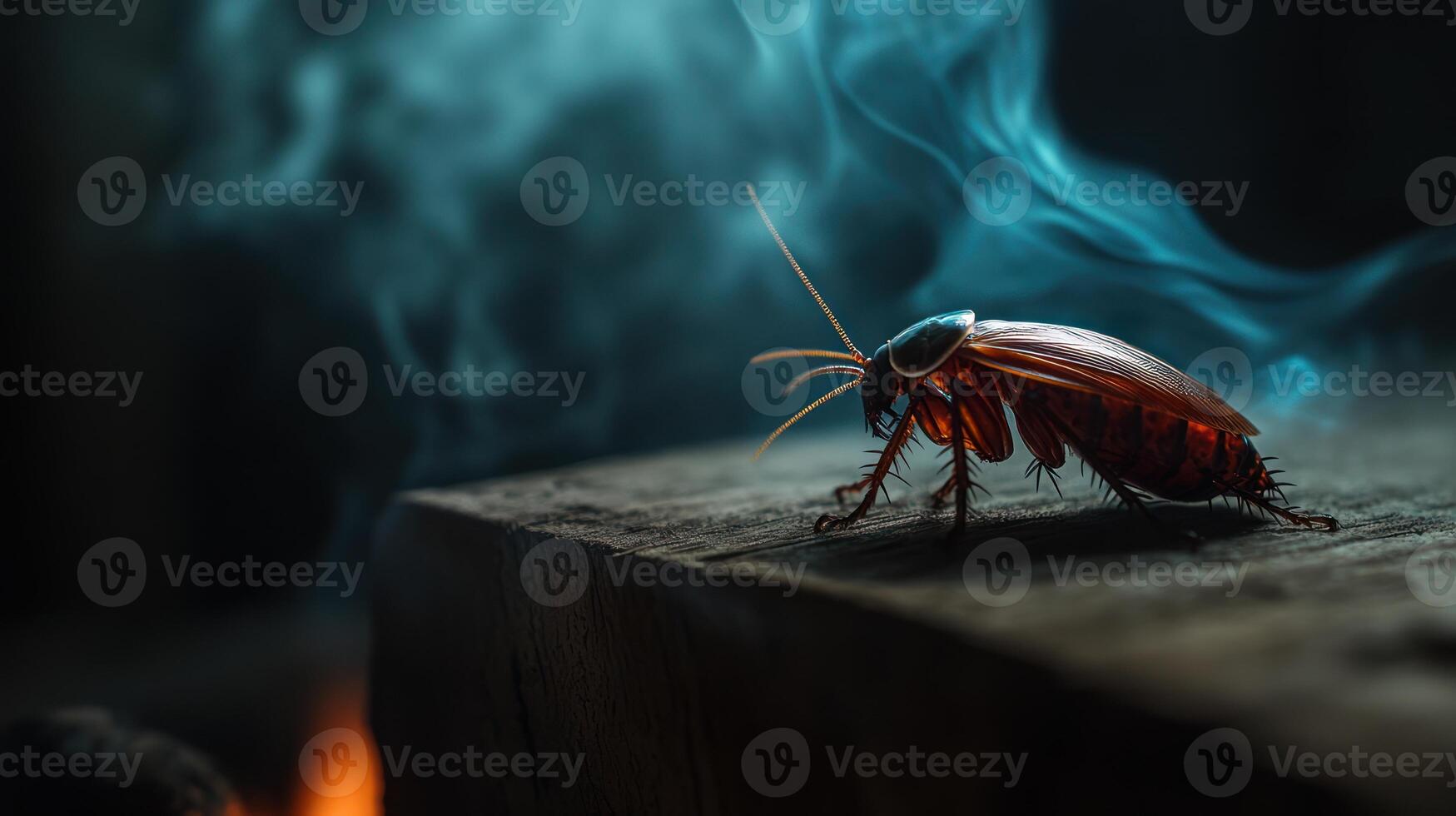 A detailed studio image of a cockroach walking on wood photo