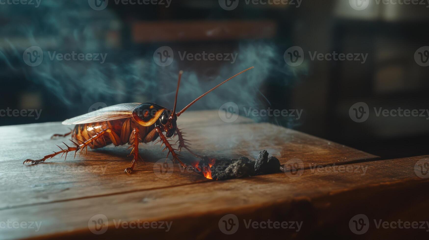An insect stands near smoldering embers on a wooden surface photo
