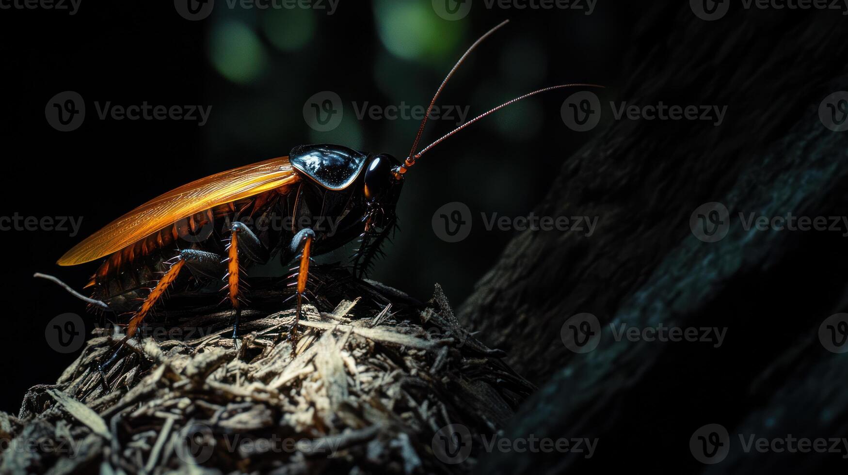 A large insect with wings perched upon decaying wood photo