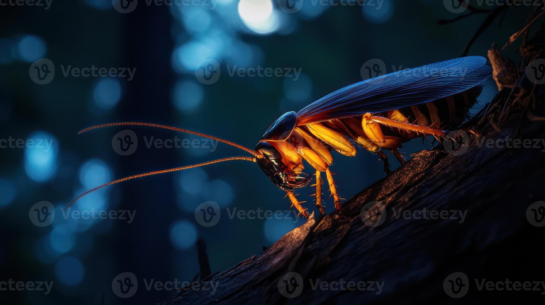 A close up image of a cockroach resting on a branch photo