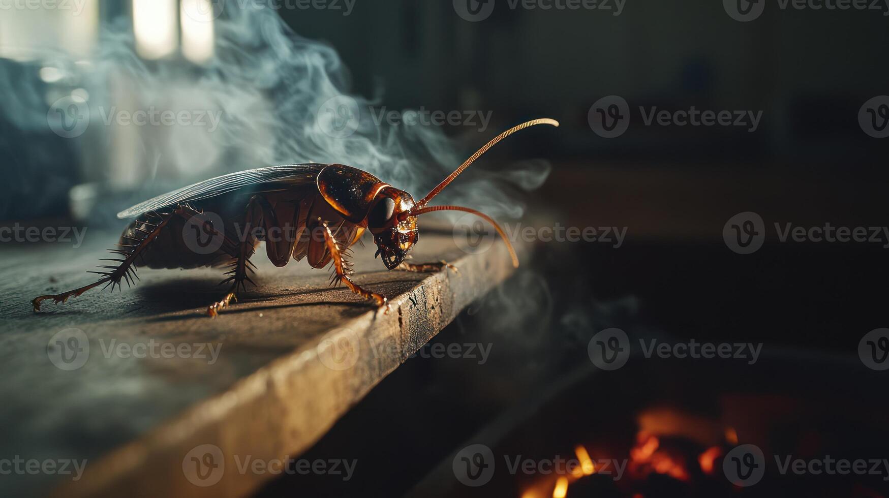 A large cockroach perched on a wooden surface surrounded by smoke photo