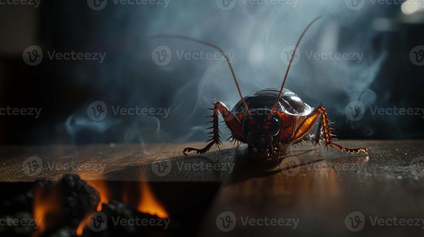 A cockroach crawls across a wooden surface with smoke photo