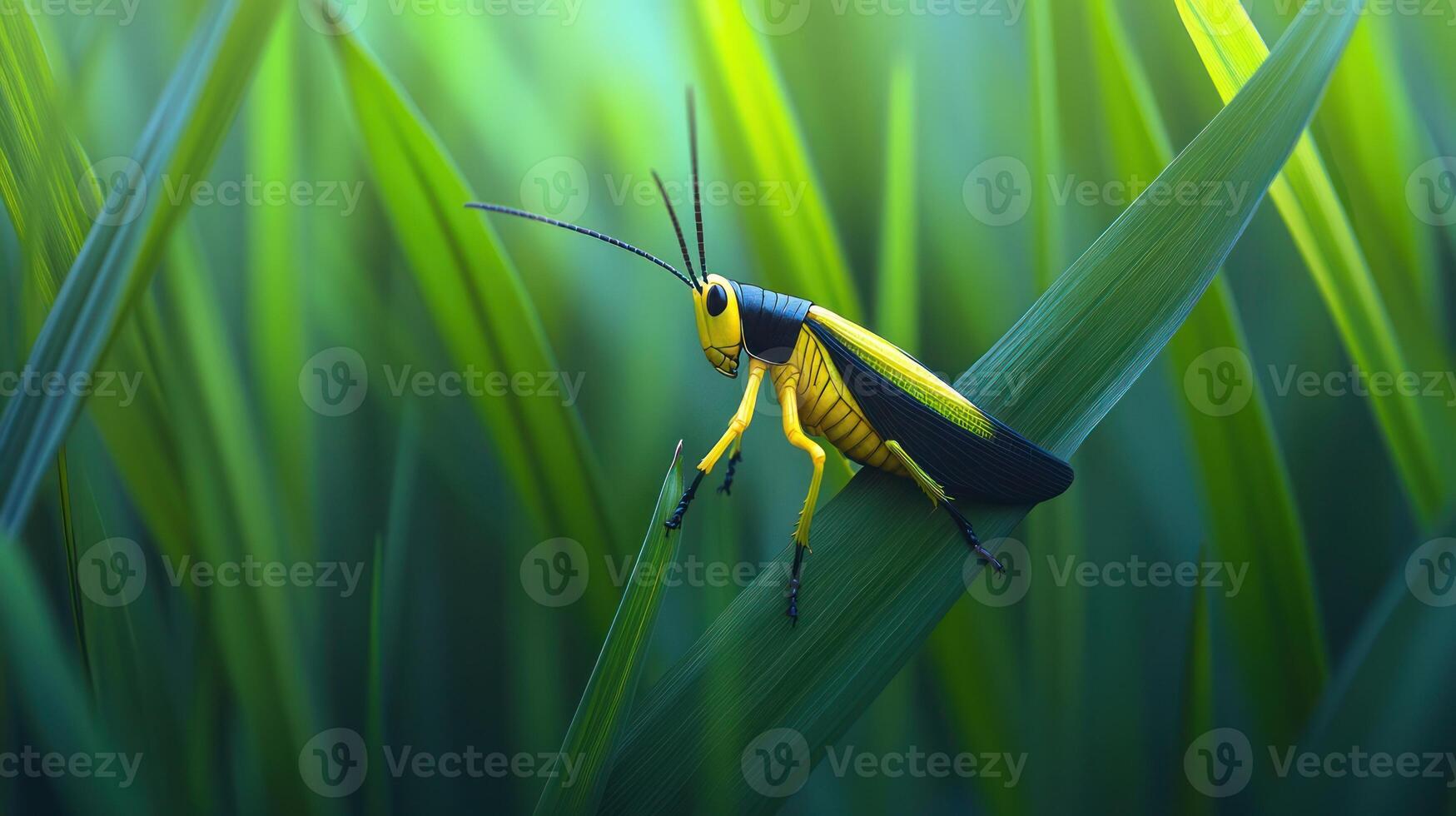 A colorful insect resting on a blade of green grass photo