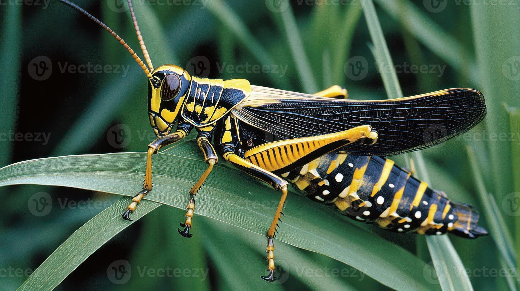 A detailed picture of a brightly colored grasshopper resting on a leaf photo