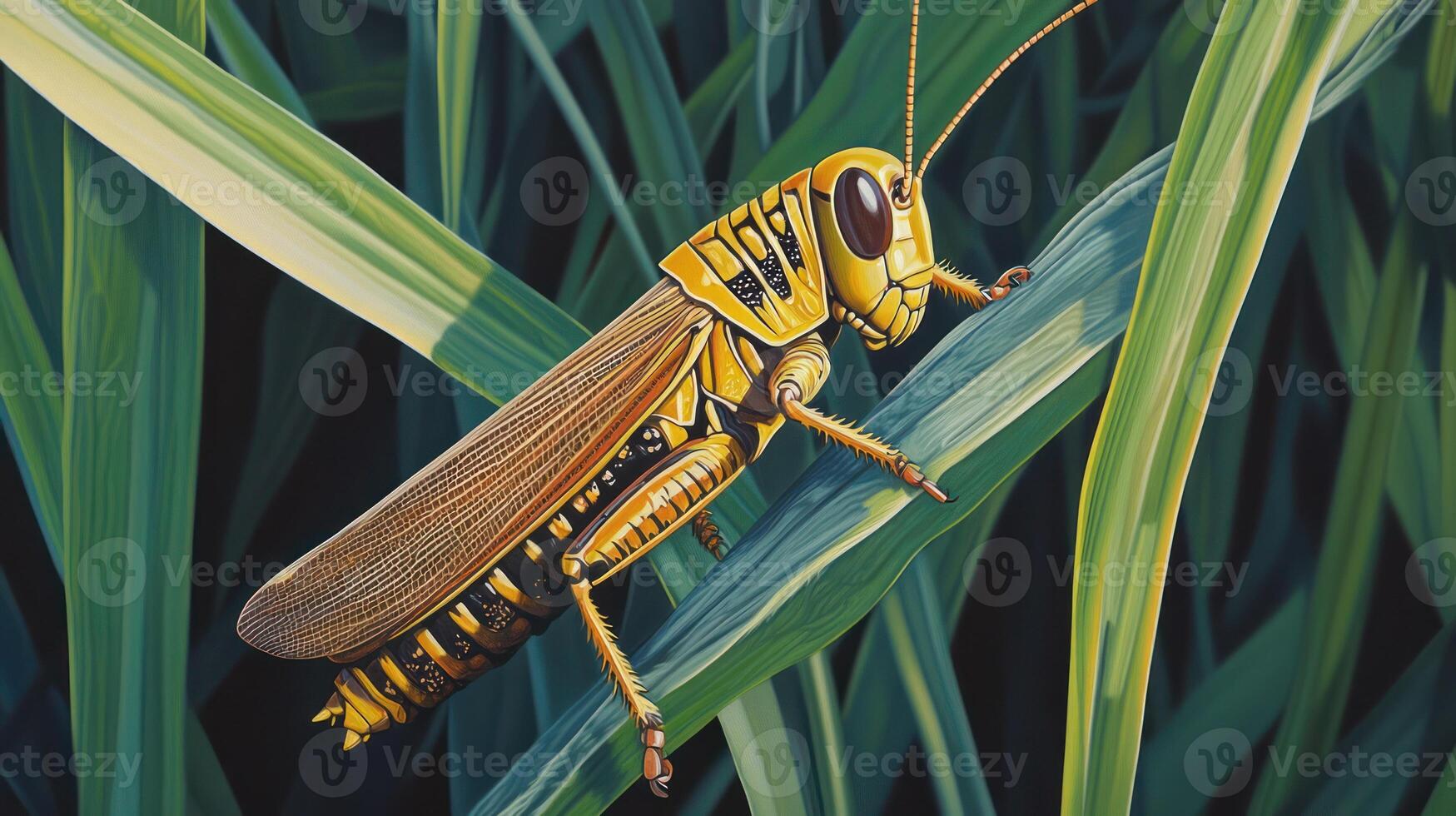 A detailed painting depicting a grasshopper resting on plant leaves photo