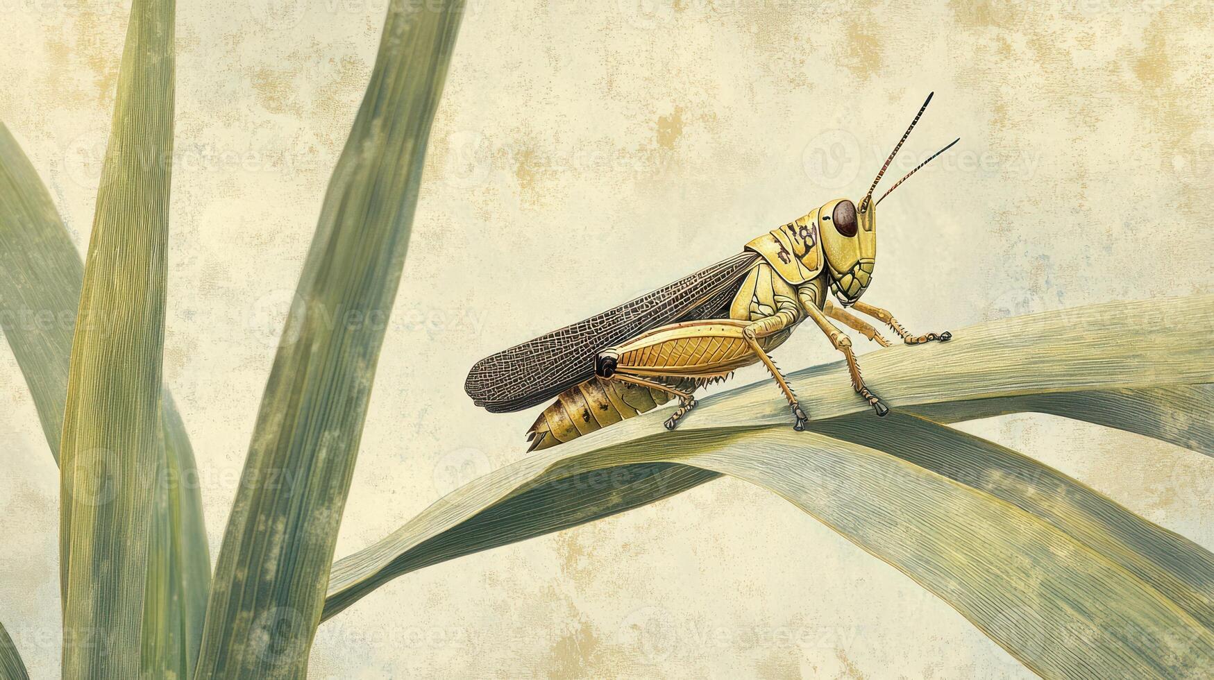 An illustration of a grasshopper perched on a large leaf photo