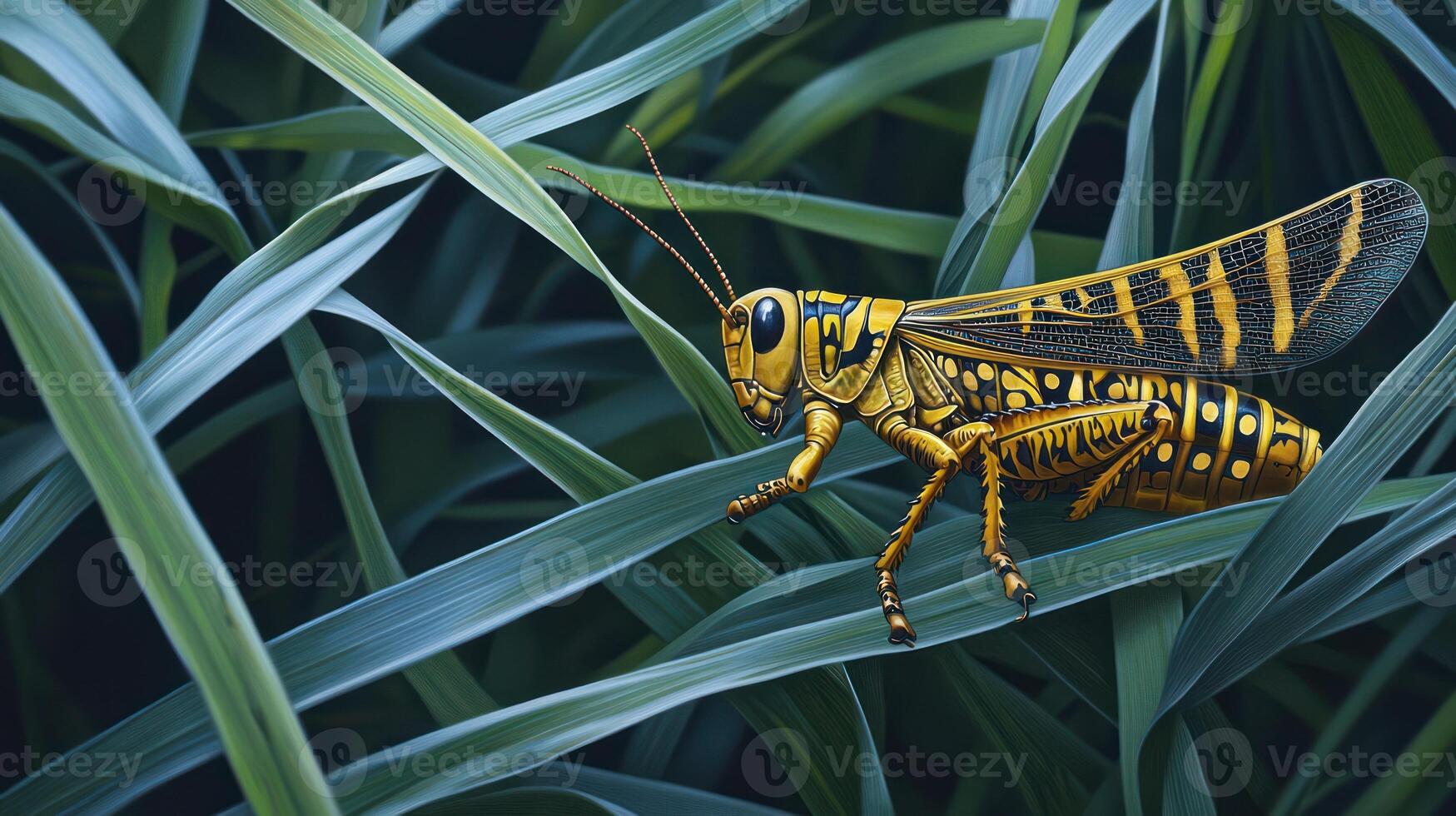 A detailed illustration of a vibrant grasshopper in green foliage photo
