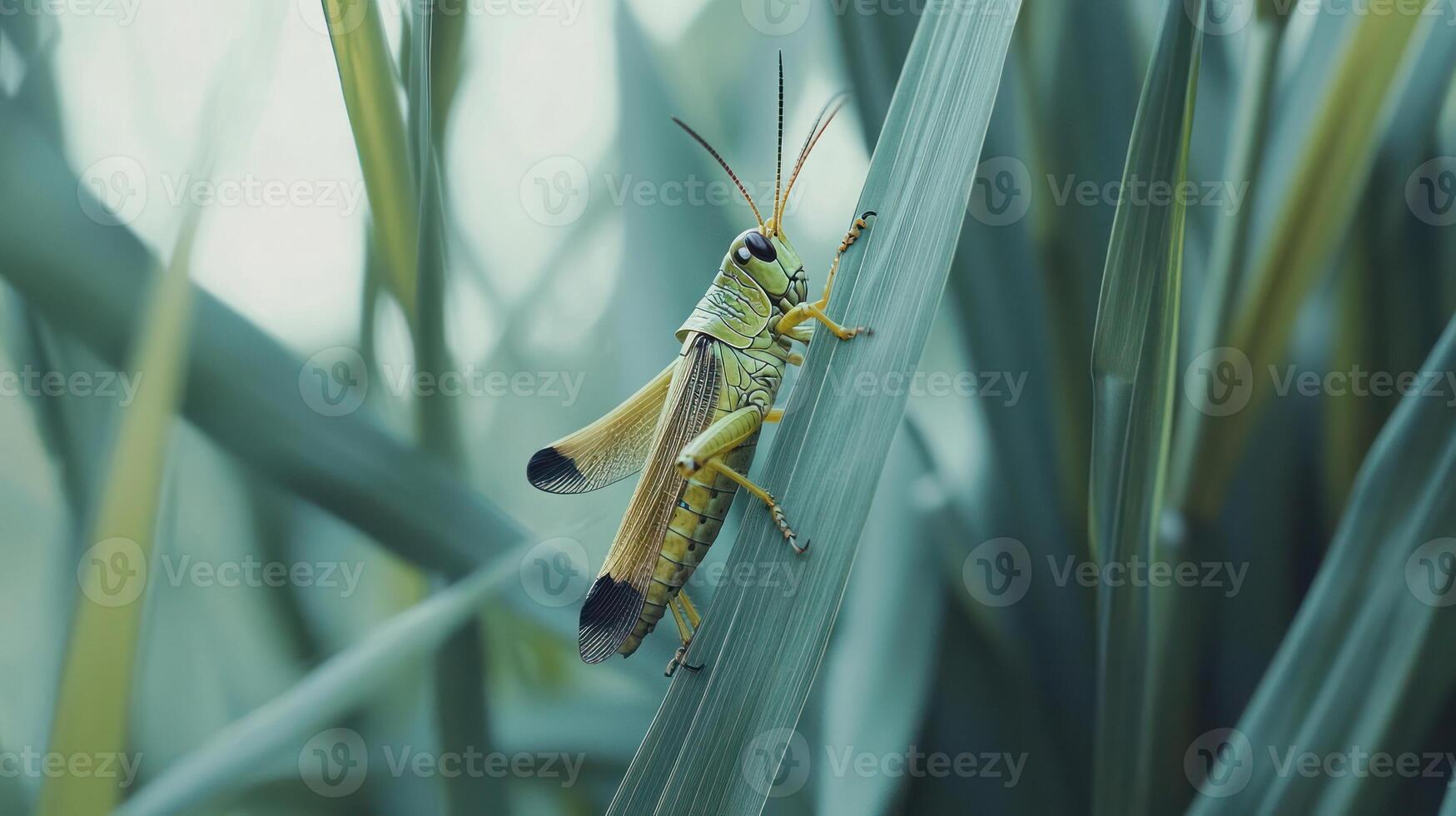 A brightly colored grasshopper is perched on a long green leaf photo