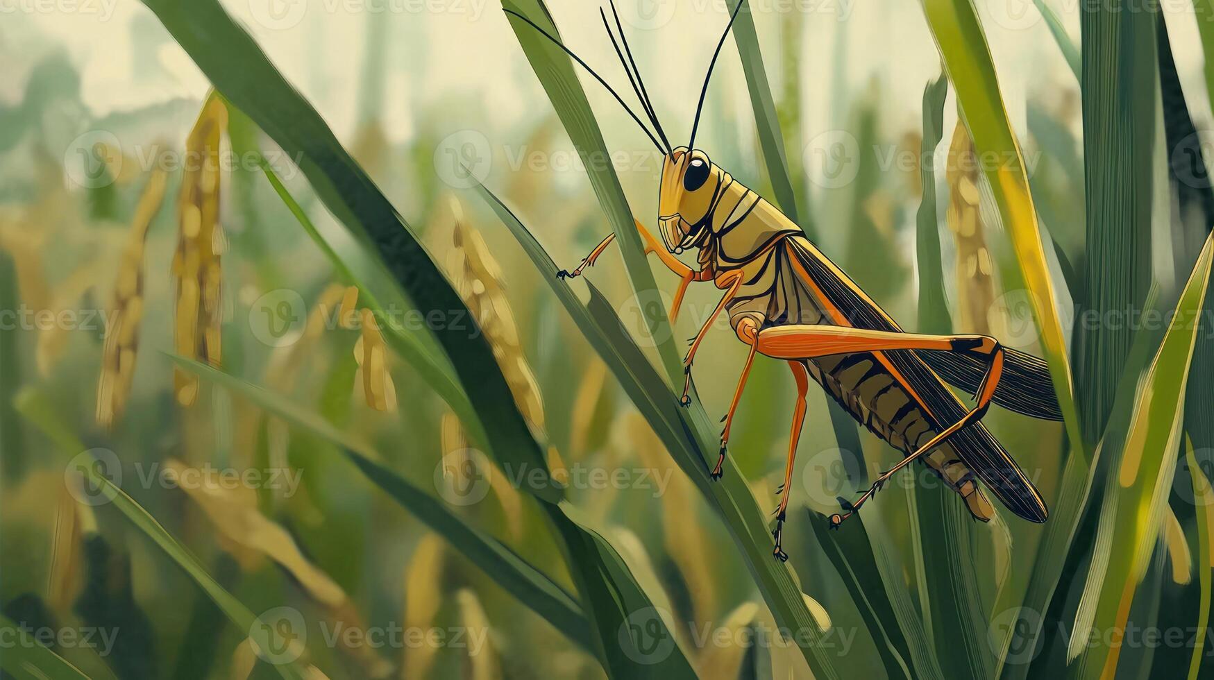 A colorful grasshopper perched on long blades of green grass photo