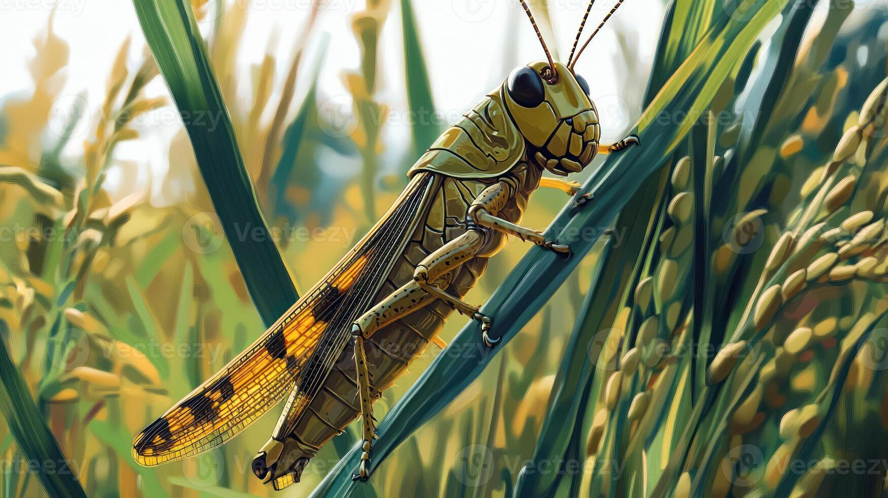 A detailed illustration of a grasshopper in a field of crops photo