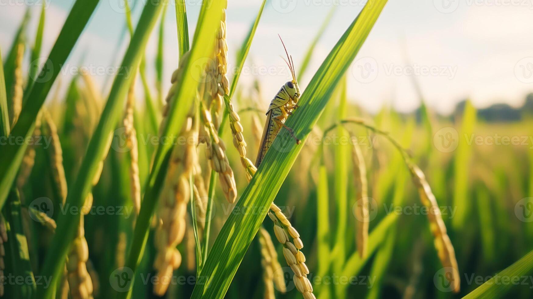 A grasshopper rests on a green rice plant in a field photo