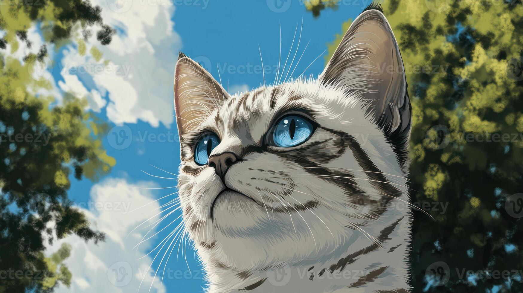 A beautiful cat looks up toward a blue sky with clouds photo