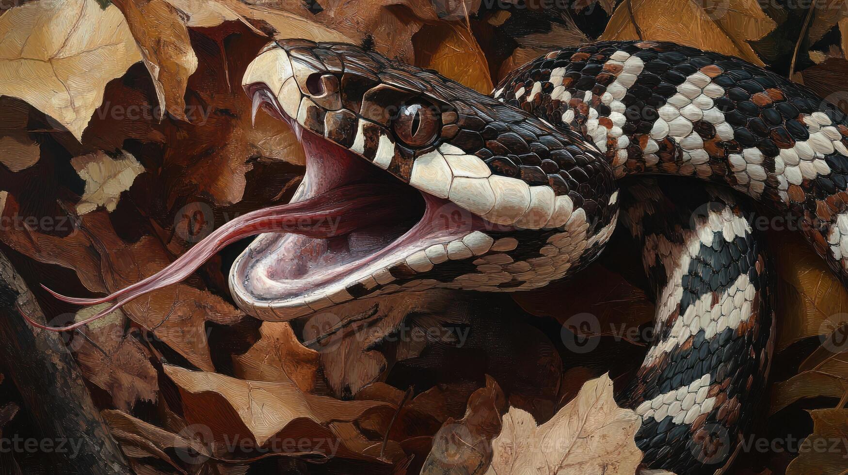 An open mouthed snake displays a long tongue amidst autumn leaves photo