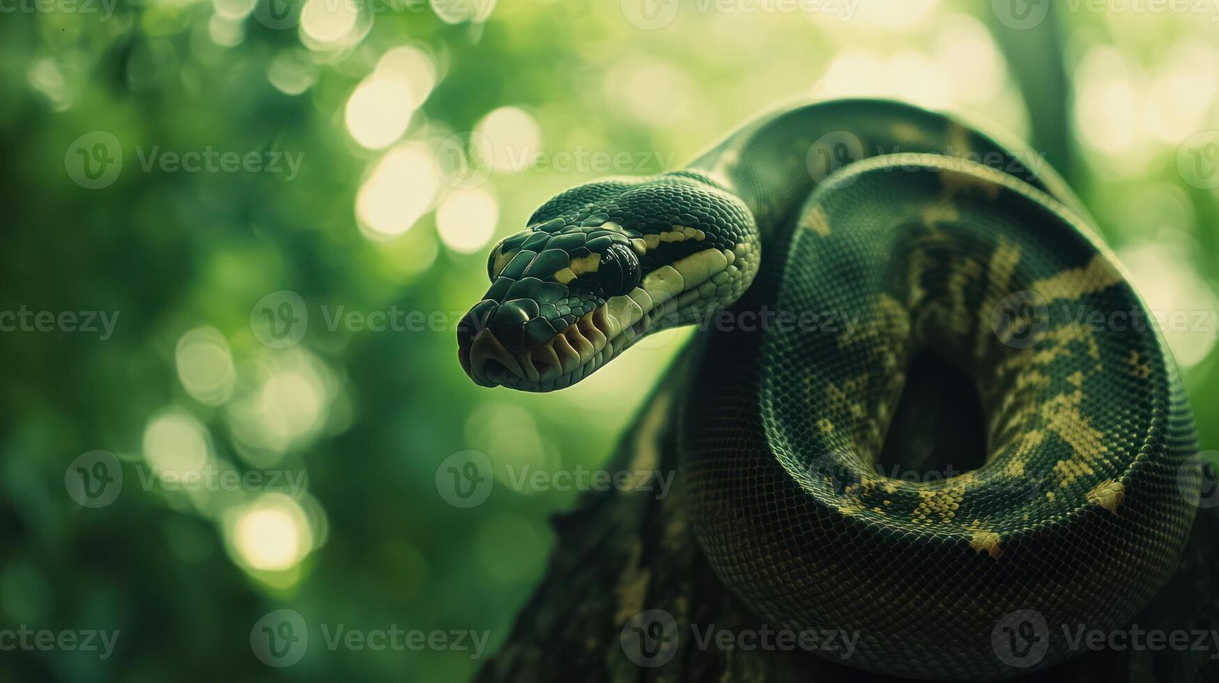 A beautiful green snake coiled peacefully on a tree branch photo