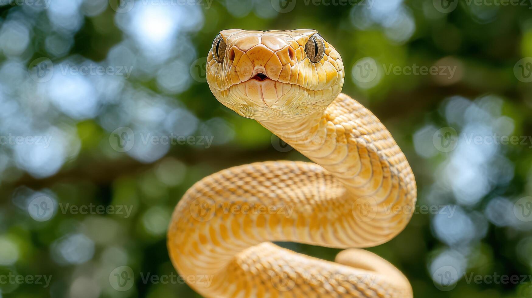 A close up view of a yellow snake with its head raised photo