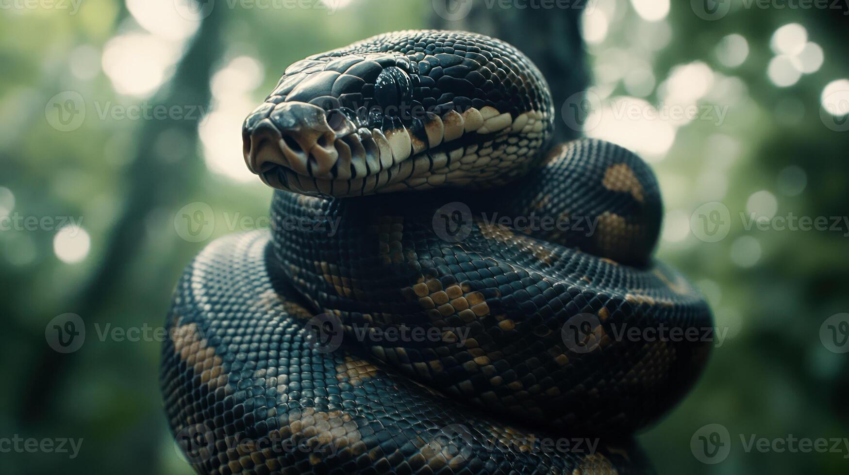 A large snake is coiled around a tree branch beautifully photo