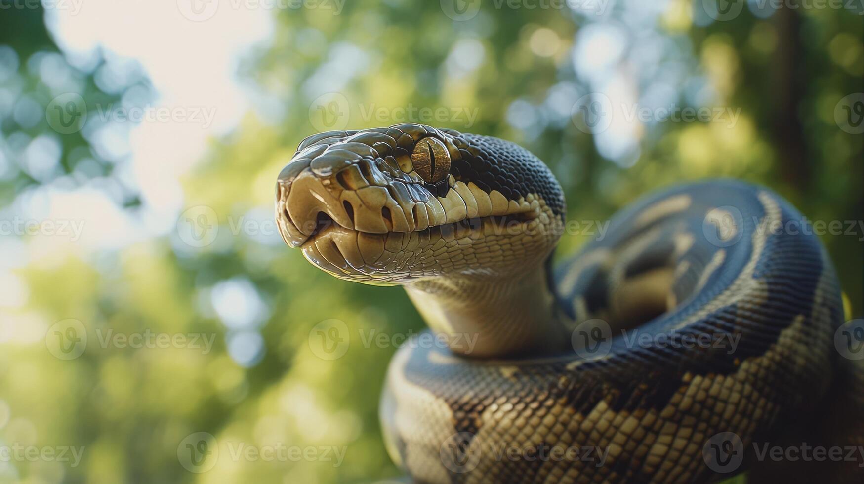 A close up portrait of a large snake in the sunshine photo