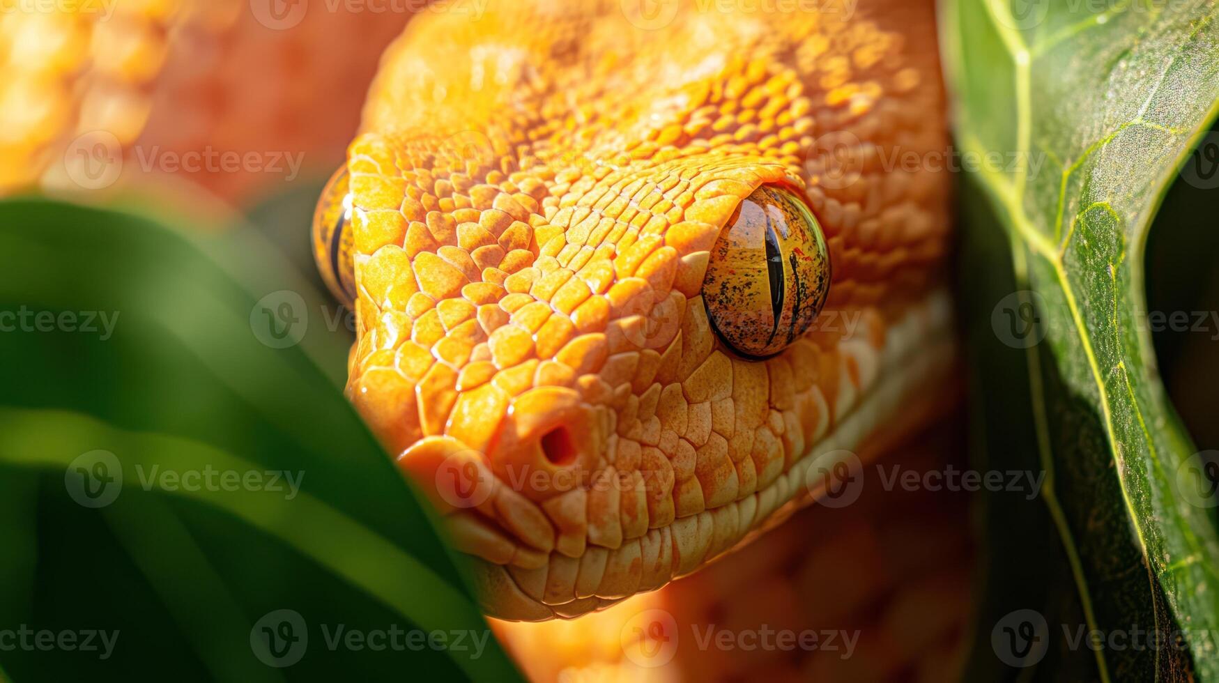 A close up view showing a colorful snakes head peering forward photo