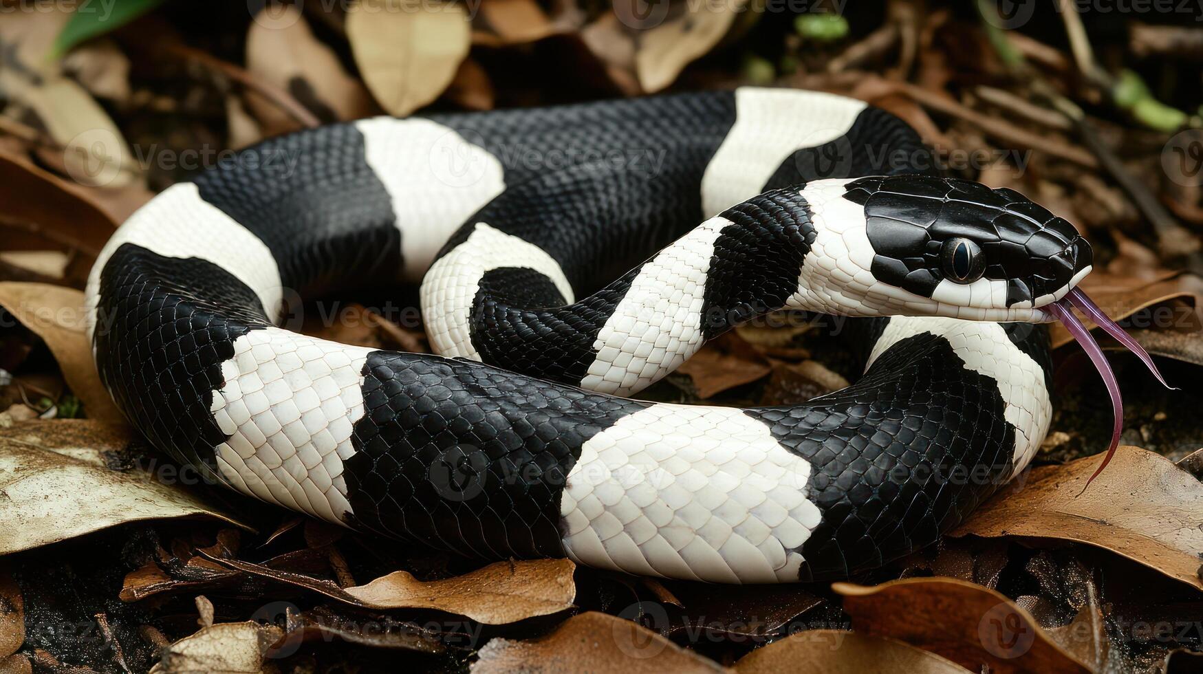 A Black and White Snake with its Tongue Extended Out photo