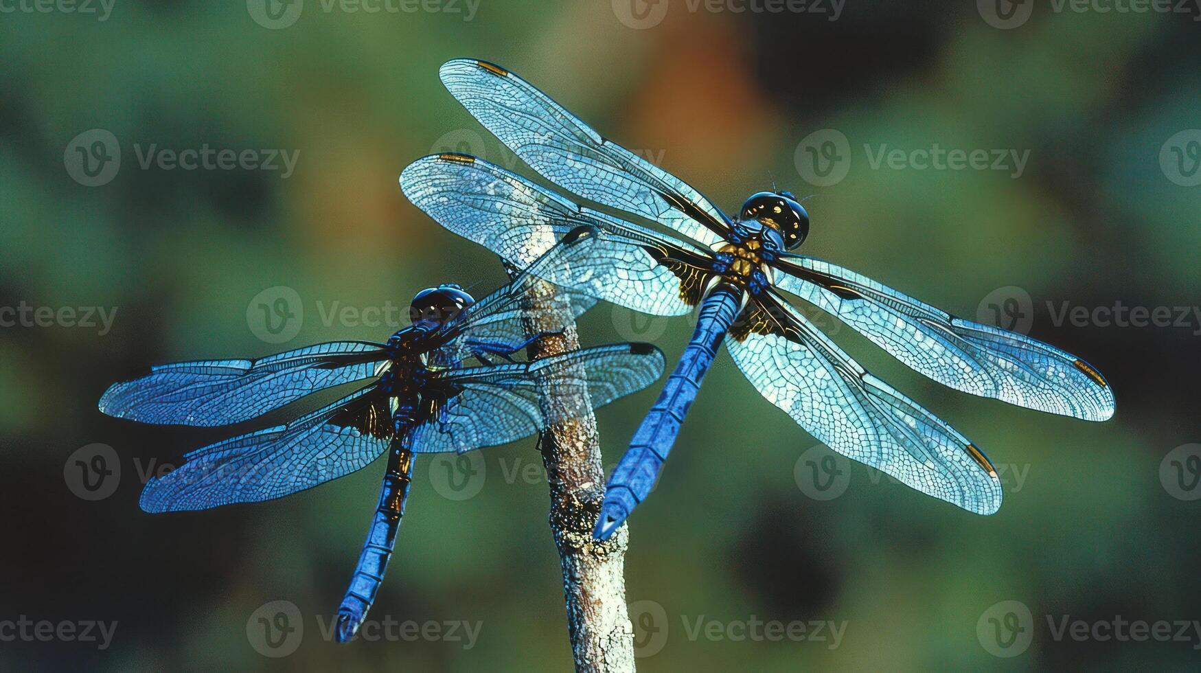 Two dragonflies are perched on a small branch in the sunlight photo