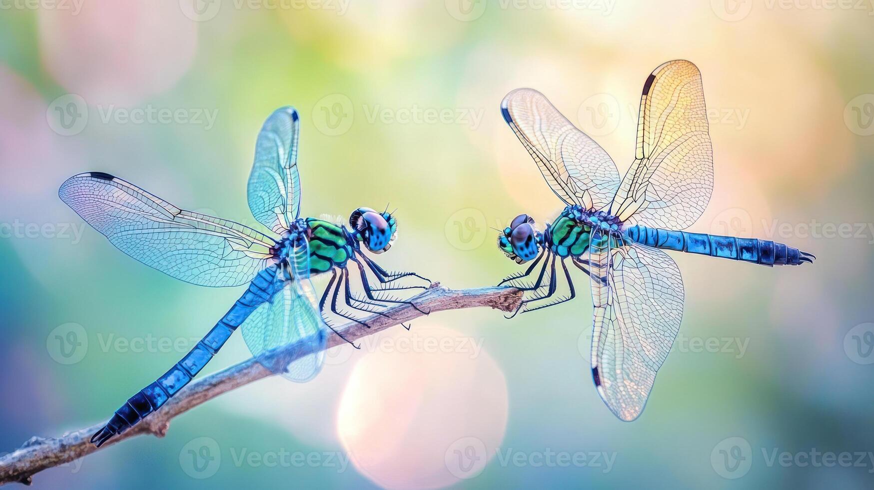 Two Beautiful Dragonflies Resting on a Branch In a Soft Light photo