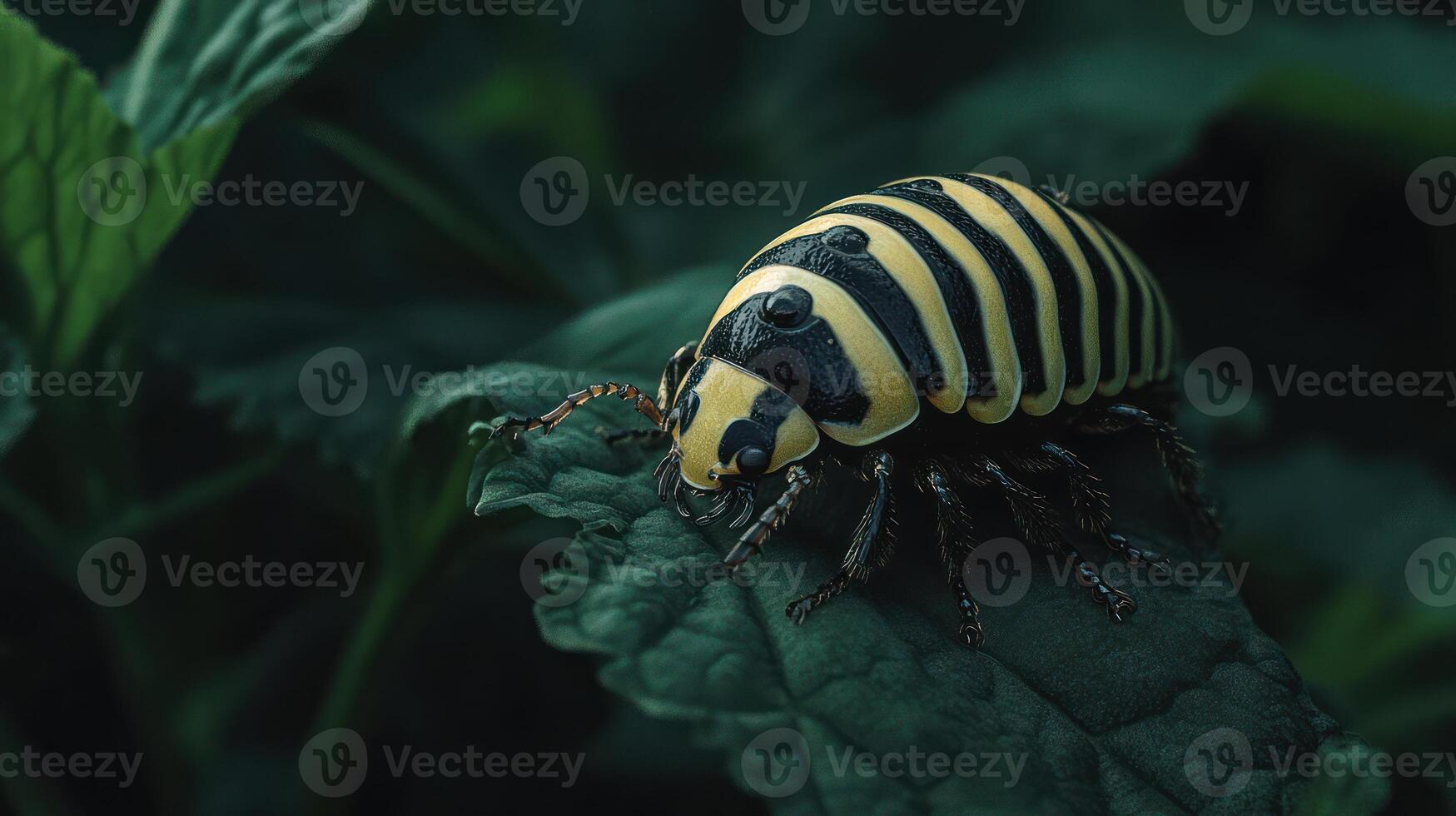 A brightly colored insect rests peacefully on a large green leaf photo