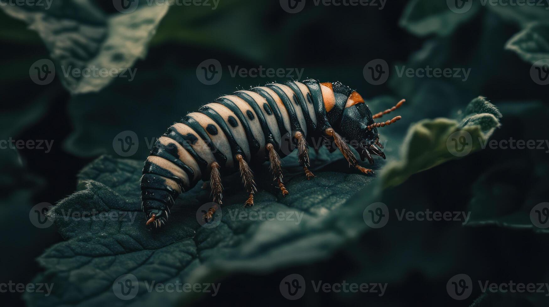 A detailed macro shot of a caterpillar on a lush green leaf photo