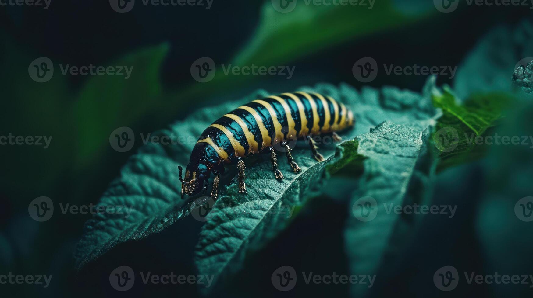 A striped insect resting on a textured green plant leaf photo