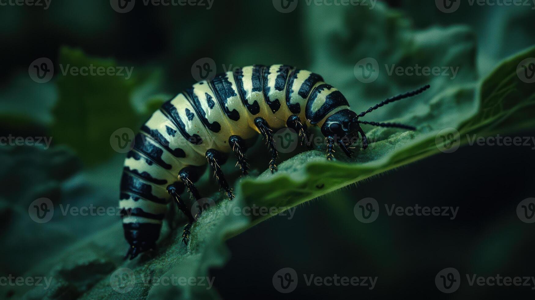 Striking macro photograph of a colorful insect on a green leaf photo