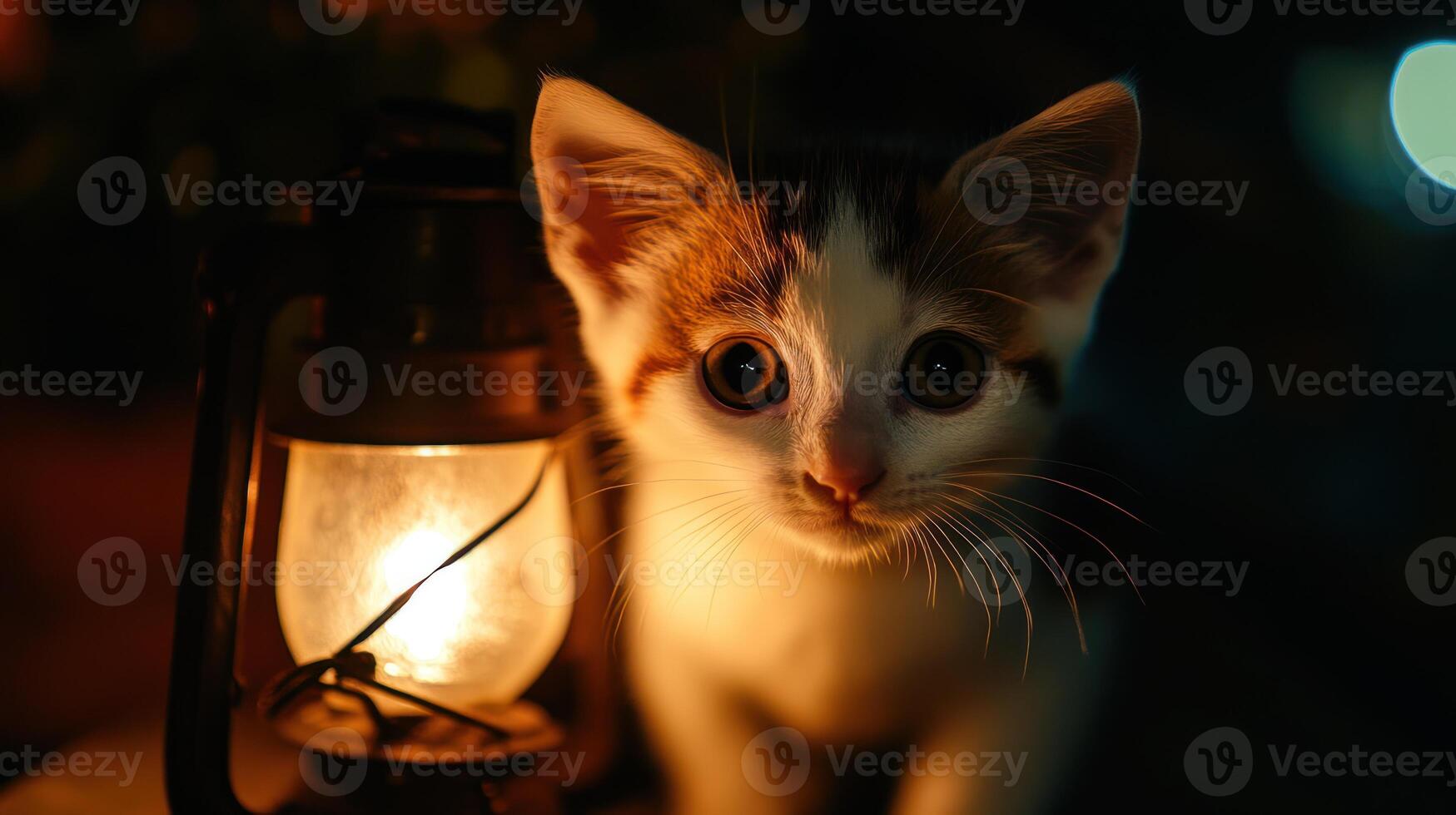 A young kitten is illuminated by a vintage lantern at night photo