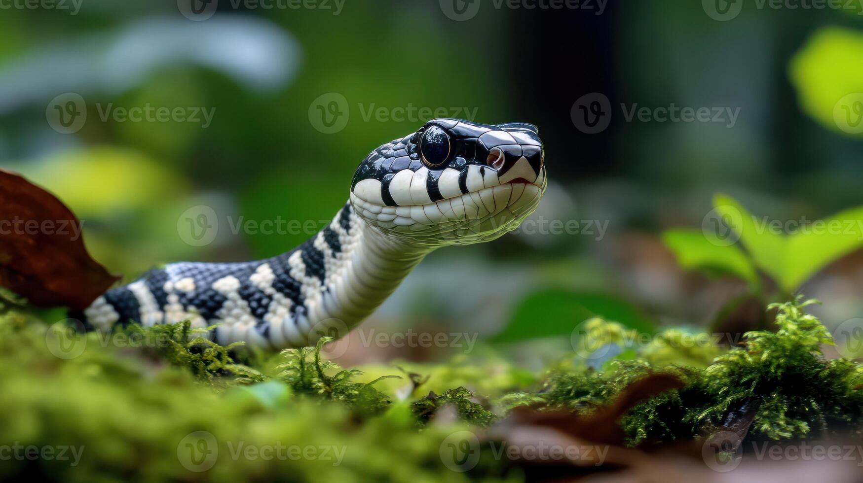 A close up photograph shows a patterned snake in nature photo