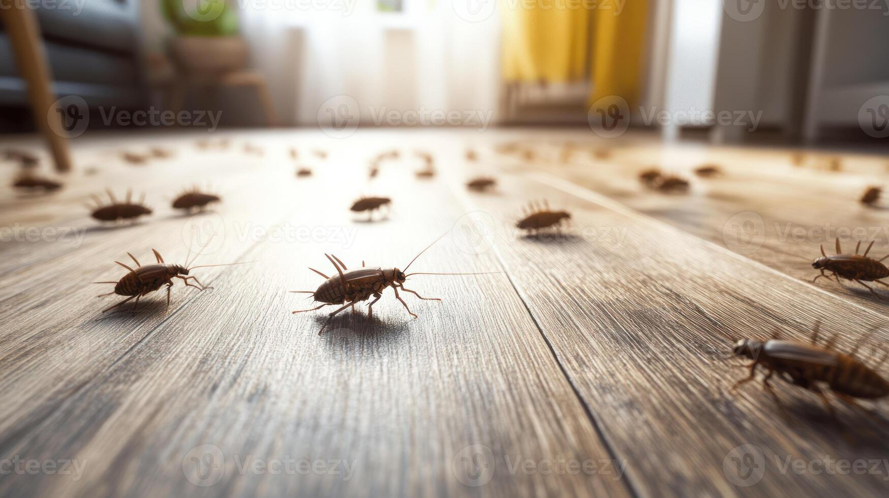 Cockroaches Crawl Across a Wooden Floor Inside a Living Space photo