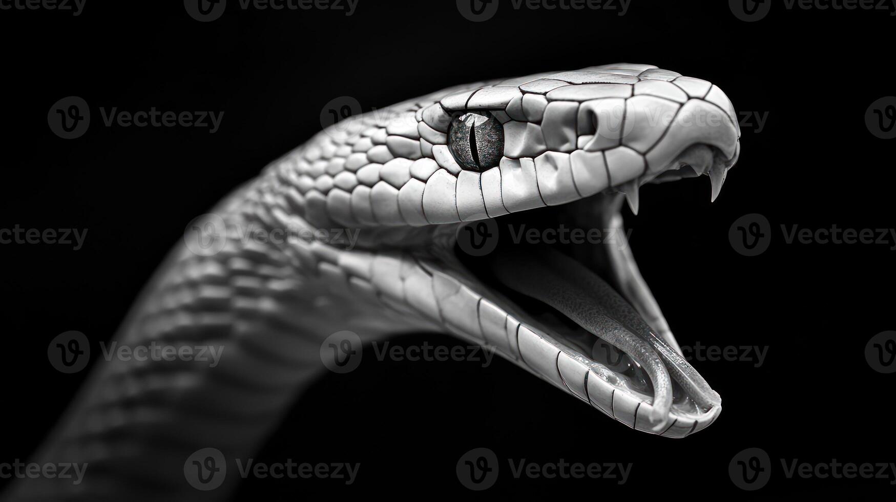 A detailed black and white image of an open mouthed snake photo