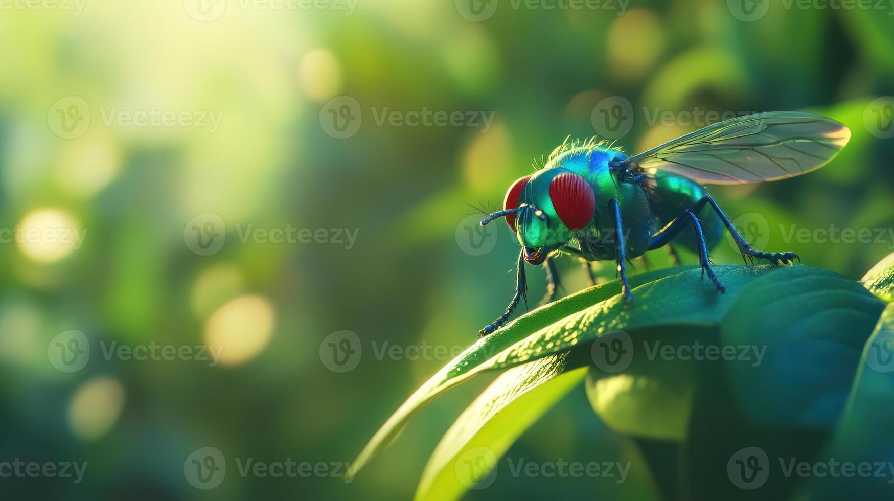 A colorful fly rests on a green leaf in a garden photo